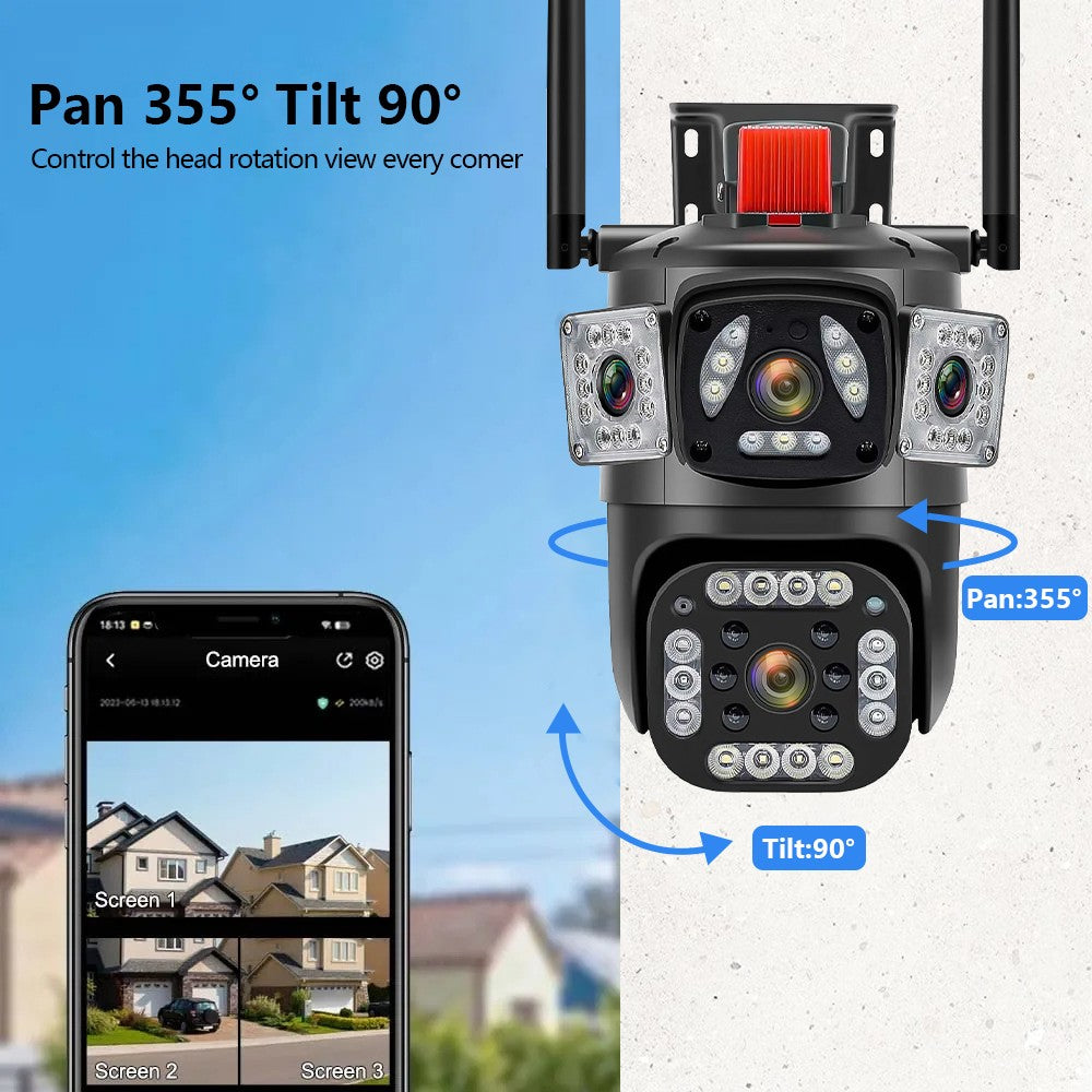 9MP 8K WiFi Camera Outdoor 10X Zoom Three Lens Dual Screen PTZ Waterproof Surveillance Security Video Street Camera
