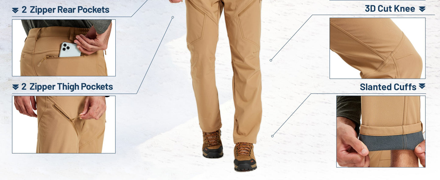 Calça Masculina de Inverno para Caminhada TACVASEN Forrada com Fleece, Impermeável, Softshell, para Esqui na Neve, Isolada, Cargo de Trabalho com 6 Bolsos com Zíper