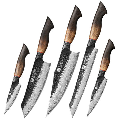 XINZUO 1-6-Piece Damascus Knife Set 67-Layer Steel White Oak Red G10 Handles Paring Utility Cleaver Santoku Bread Knife
