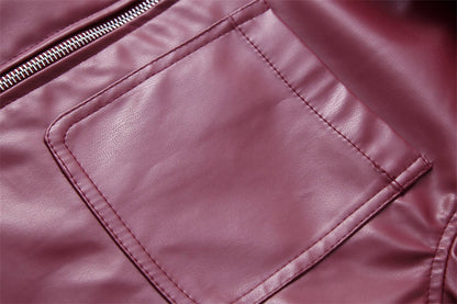 Jaqueta Feminina de Couro Sintético Vermelho Vinho Vintage, Casaco Moderno com Zíper e Lapela, Casacos de Outono Inverno, Blusas Curtas Femininas Estilo Streetwear