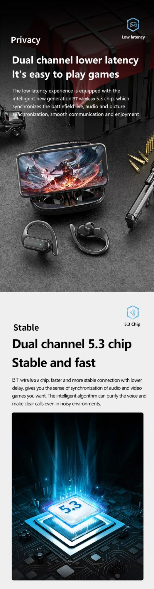 Para Fones de ouvido sem fio CB&JBL Bluetooth TWS A520 Fones de ouvido intra-auriculares Gancho de orelha Fone de ouvido para jogos Controle de toque esportivo com microfone