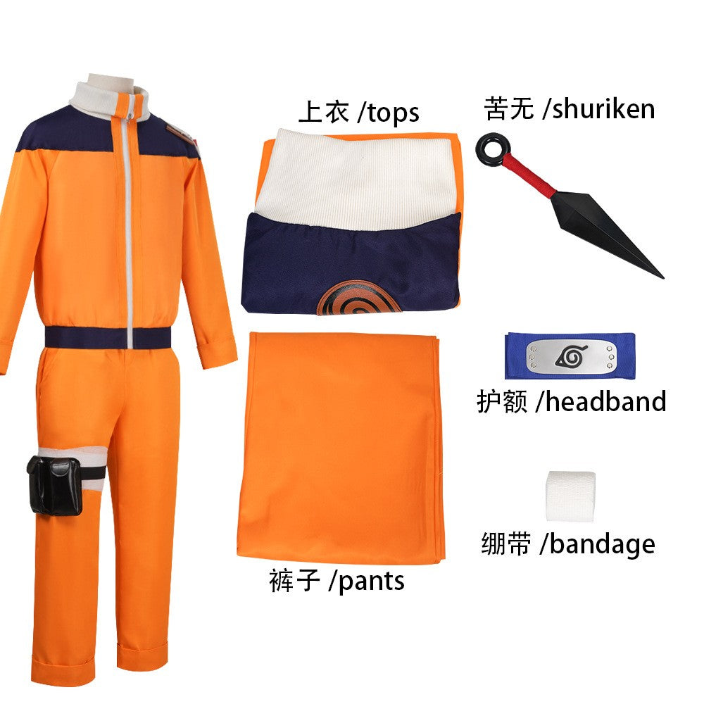 Uzumaki Cosplay Costume Orange Clothes with Headband & Kunai Pouch Pre-Shippuden Genin Ninja Outfit Blonde Wig Unisex Adult Hall