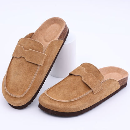 Comwarm Cow Suede Women Clogs With Adjustable Buckle Cork Footbed Leather Mules Comfort Slip on Women Slippers Summer Cork Clogs