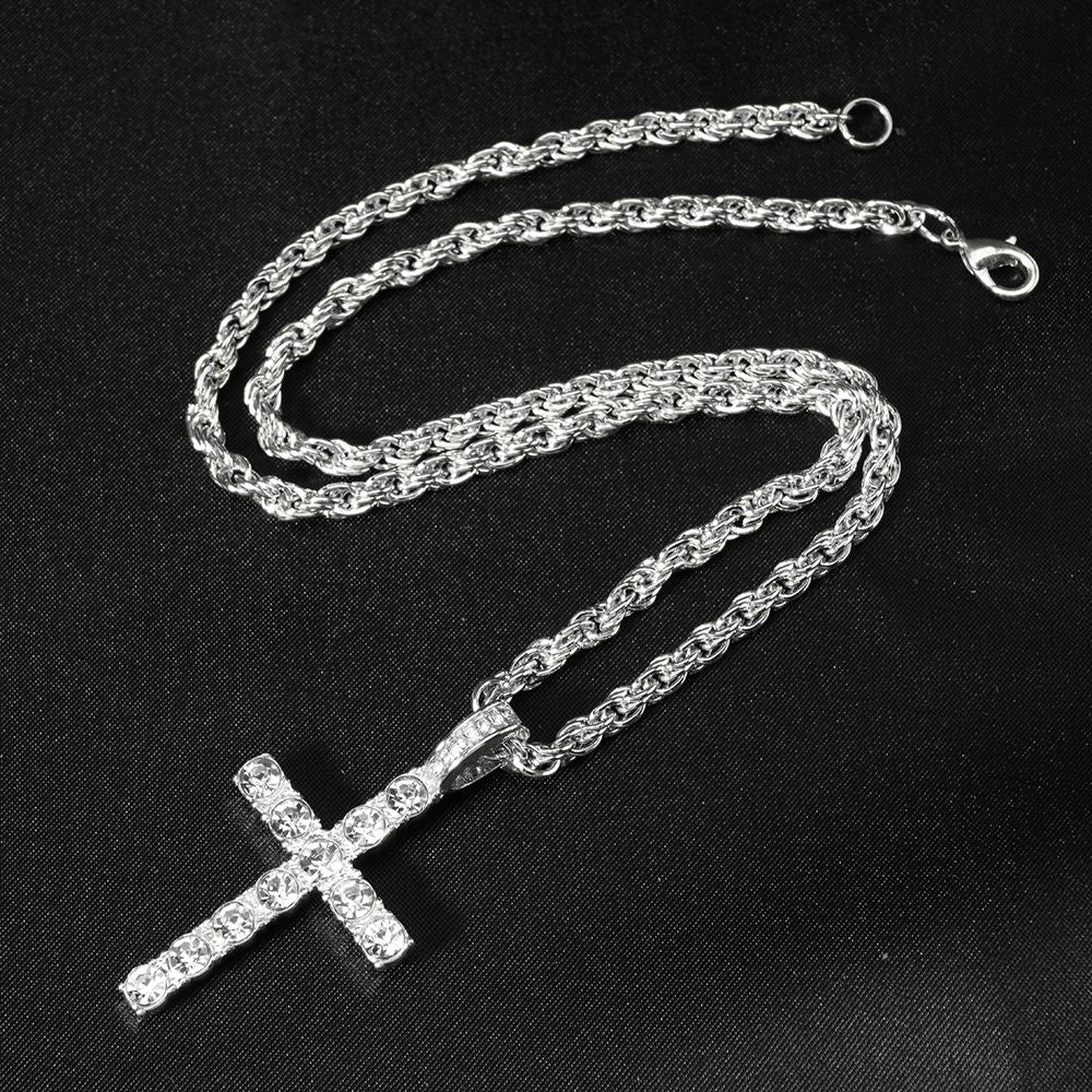Colar com Pingente de Cruz Iced Out Hip Hop Alça Corrente de Tênis de Zircônia de 4mm Masculino Feminino Colar Brilhante Joia Punk Presente de Moda