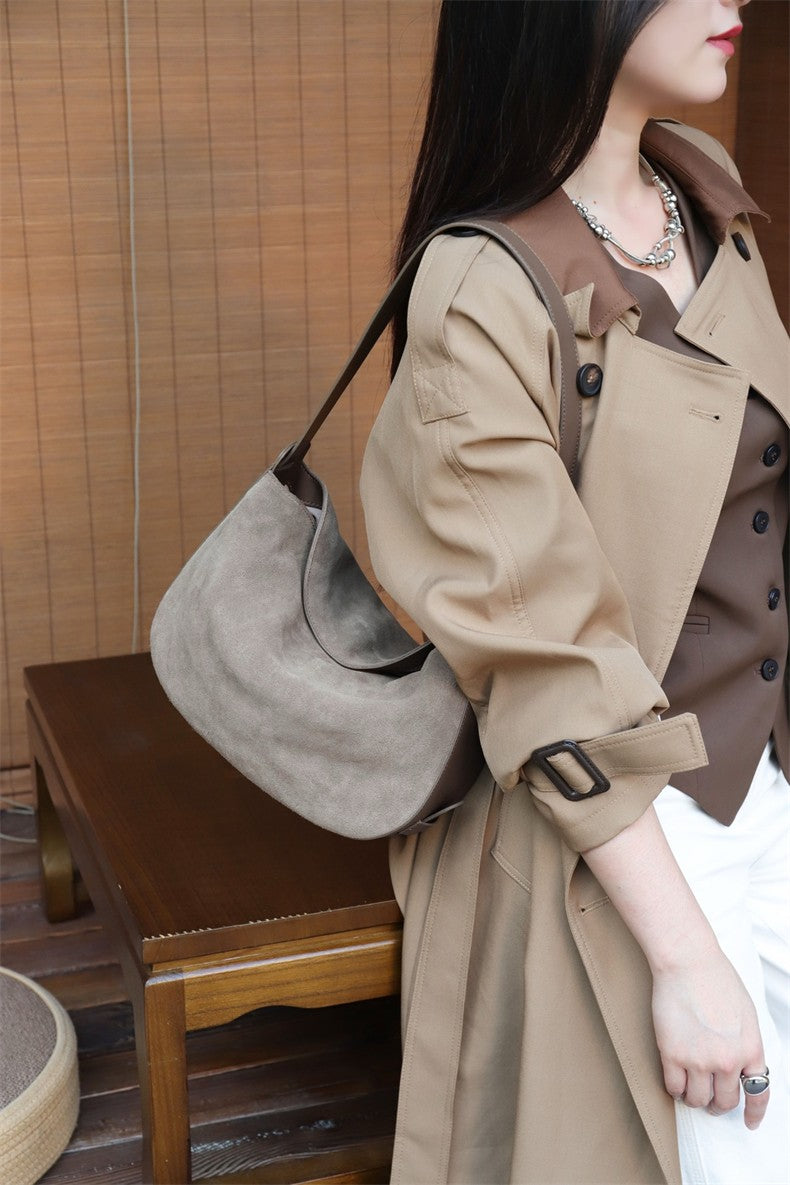 Burminsa Suede Genuine Leather Hobo Shoulder Bags For Women 2025 Luxury Designer Crescent Crossbody Purses Work Ladies Handbags