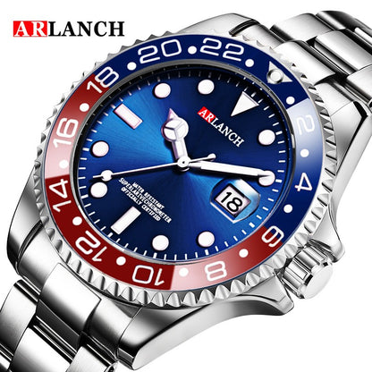 Business Stainless Steel Watch 40mm Classic Red Blue Circle Diving Series Magnifying Glass Calendar Quartz Watches montre homme