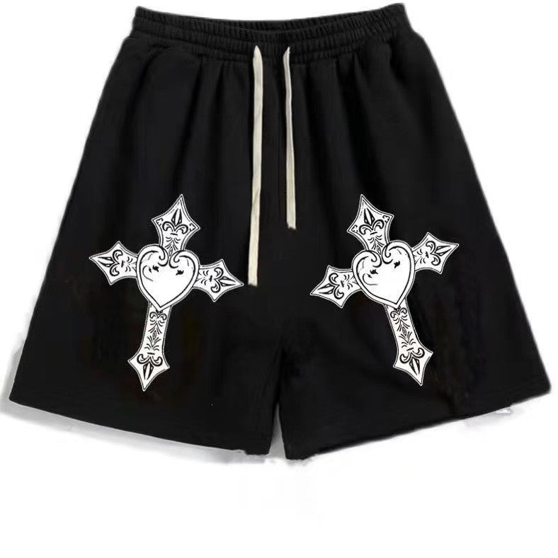 Street Hip-hop Cross Design Pattern Loose Casual Shorts Men American Y2K Harajuku Oversized Fashion Versatile Mid-pants Women