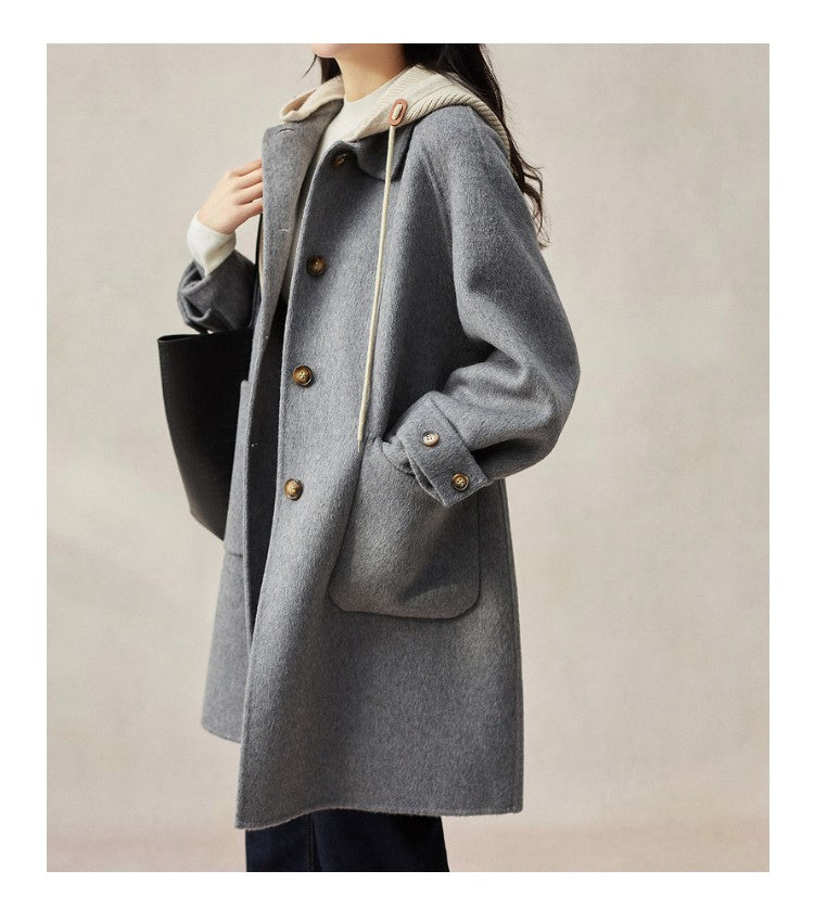 New Women Double-sided Cashmere Coat Female Solid Long Hooded Single Breasted Warm Woolen Coats Loose Tide Autumn Winter