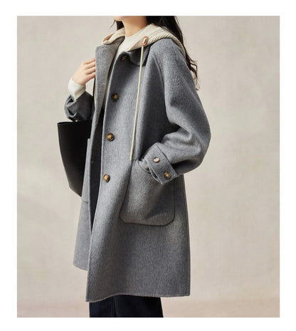 New Women Double-sided Cashmere Coat Female Solid Long Hooded Single Breasted Warm Woolen Coats Loose Tide Autumn Winter