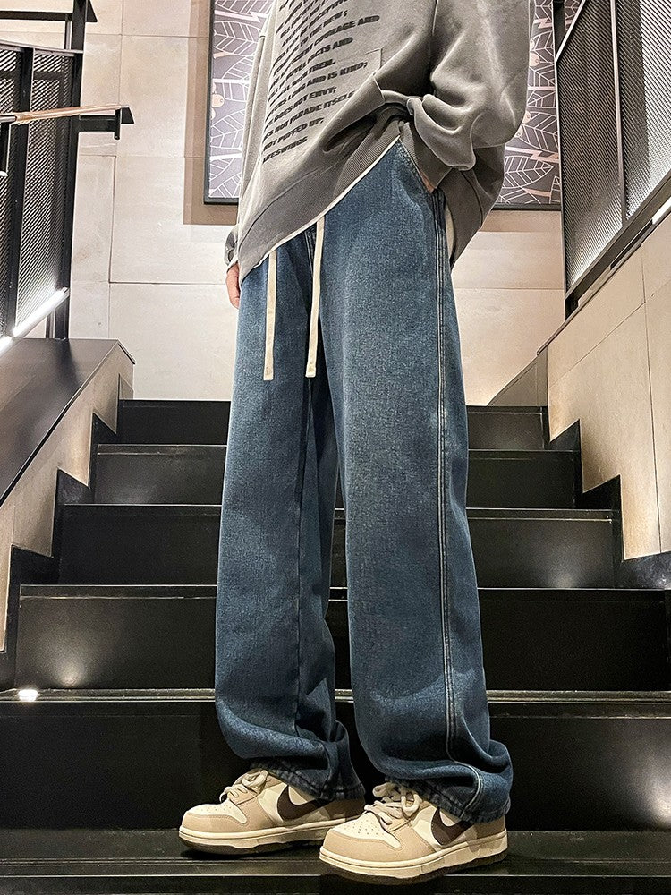 Men's Winter Jeans Fleece-Lined Brushed Thick Warm Denim Pants Korean Style Straight Fit Insulated Trousers Asians Size M-3XL