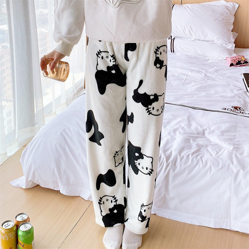 Anime Stitch Plush Pajama Pants Sanrio Kawaii Hello Kitty Cute Women Winter Warm Student Sleeping Pants Loose Casual Home Pants
