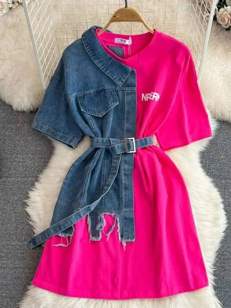 XFPV Women's Sweet high Waist Wrap Belt Round Neck patchwork Denim Shirt  Chic Top Y2k Korean Fashion Spring Summer 2025 SM11327