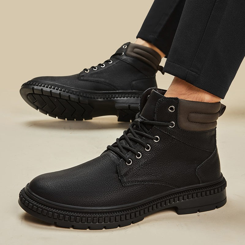 Italian Men's Handmade Genuine Leather Boots Outdoor Antiskid Motorcycle Boot Fashion Thick Bottom Lace-Up Boots Walking Shoes