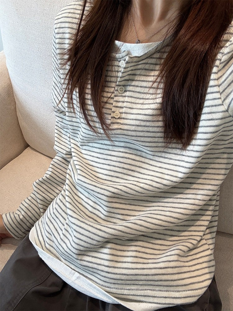 Stripe Button Long Sleeve T-shirt Slim Fit Fake Two-piece Women's Top 2025 Autumn Fashion Casual Long Sleeve Tops