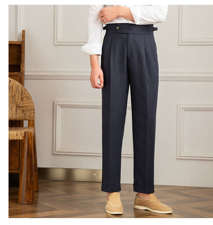 Three Gentleman Summer Naples Casual Straight Pants Men's Commuting Cotton and Linen Comfortable Breathable High Waist Pants
