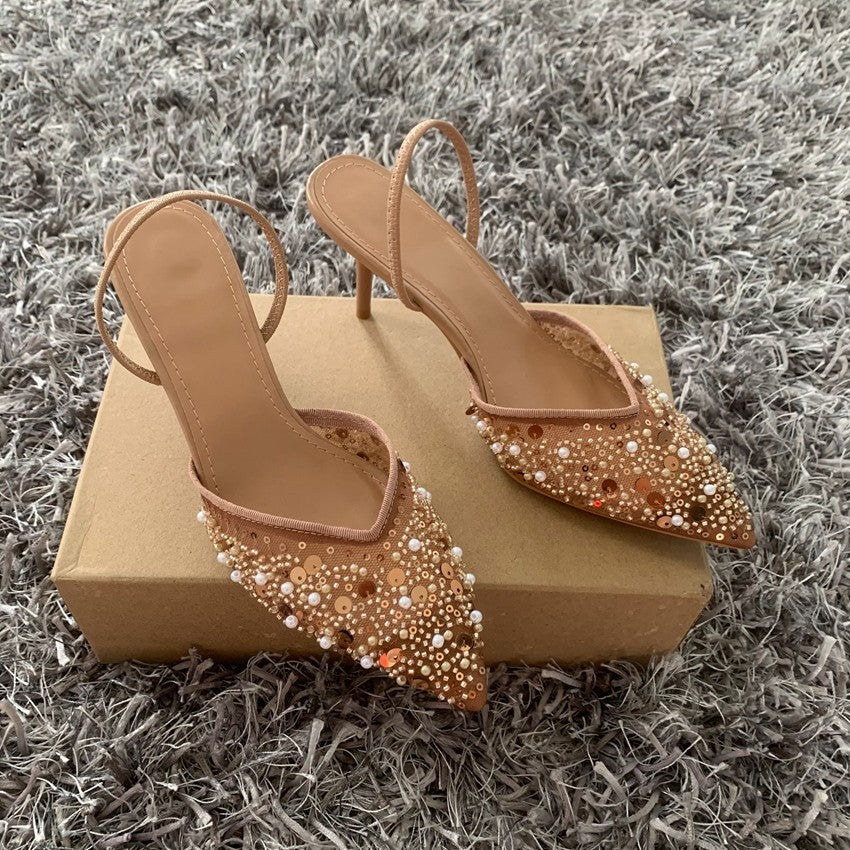 Fashion High Heeled Formal Party Shoes for Lady Luxury Sequin Pearl Stiletto Elengat Mesh Slingbacks Women Modern Sandals