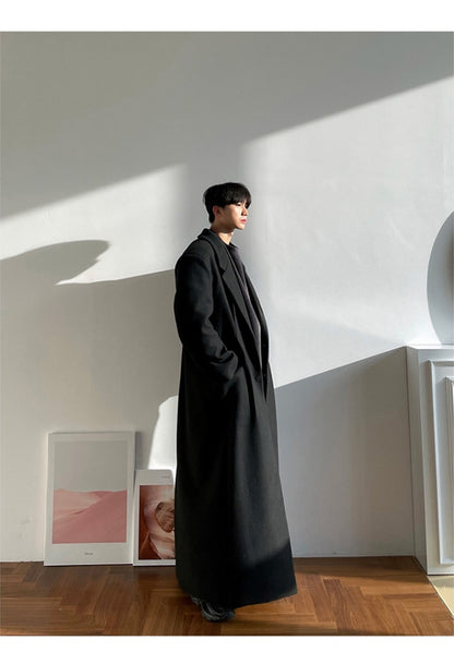 Mauroicardi Autumn Winter Extra Long Warm Black Loose Casual Wool Blends Coat Men Luxury Floor Length Overcoat Korean Fashion
