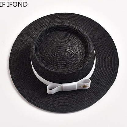 Novos Chapéus de Palha Primavera Verão Femininos de Superfície Ondulada, Topo Reto, Laço, Boné de Vestido, Chapéu de Sol para Viagem e Praia, Gorra