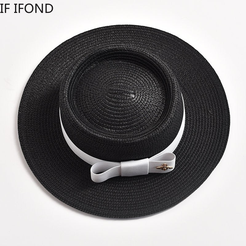Novos Chapéus de Palha Primavera Verão Femininos de Superfície Ondulada, Topo Reto, Laço, Boné de Vestido, Chapéu de Sol para Viagem e Praia, Gorra