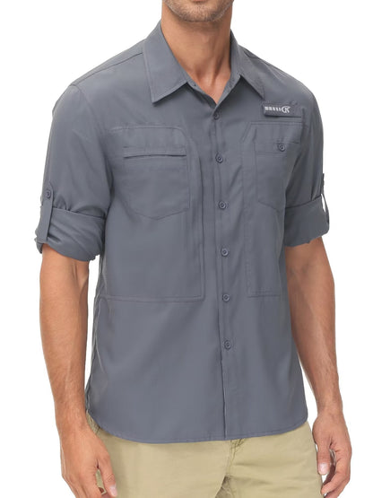Summer Men's UPF 50+ Casual Long Sleeve Fishing Shirts, Lightweight Tactical Button Down Shirt with Breathable Back Mesh