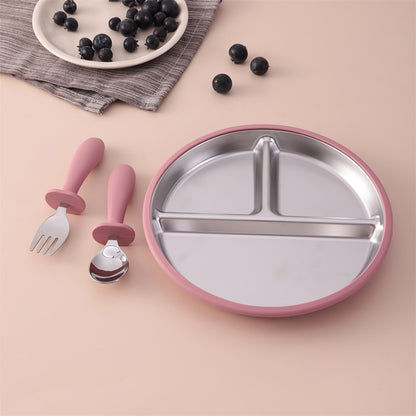 3PCS Silicone Stainless Steel Feeding Kit Toddler Sucker Feeding Dishes Plate Infant Self Feeding Training BPA Free Fork Spoon