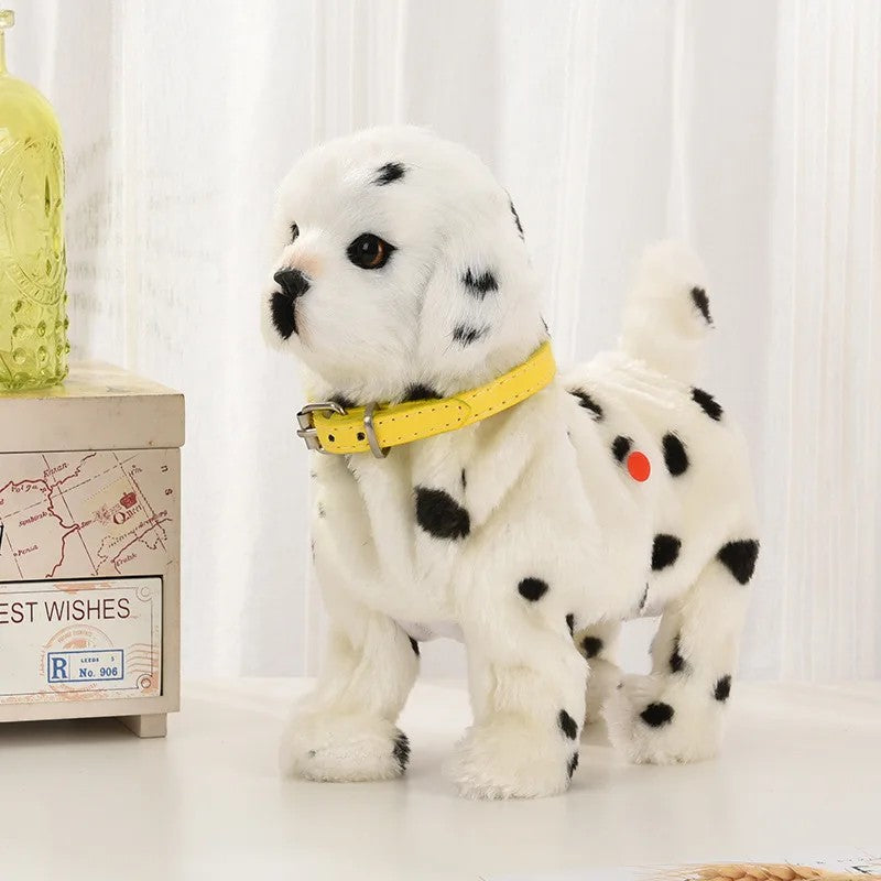 Novo brinquedo de simulação de cachorro elétrico com controle de voz, que anda, acena a cabeça, toca música e é um robô de pelúcia para crianças.
