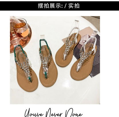 Summer New Flat Transparent Rhinestones Pintoe Women's Sandals, Fashion Casual Light Beach Cool, Shoes Women