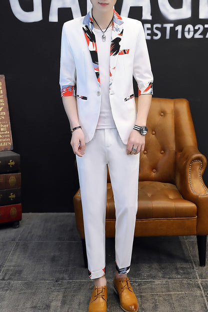 Summer 2025 Korean Slim Fit Short Sleeve Suit Casual Thin British Style Seven-Point Mid-Sleeve Suit for Men