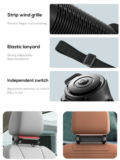 Vissko Portable Car Seat Fan for Front Rear Seat Passenge USB Powered Headrest Cooling Air Fan Adjustable Strap Car Interior Fan
