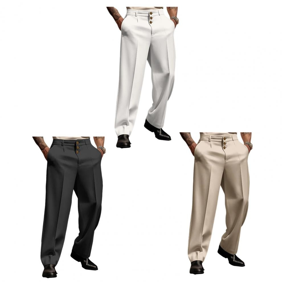 Men Suit Pants Elegant Men's Business Suit Pants with Straight Loose Fit Soft Pockets Button Closure Mid Waist Formal for Office