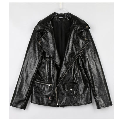 Mauroicardi Spring Red Crocodile Pattern Faux Leather Biker Jacket Long Sleeve Zipper Plus Size Designer Men Clothing 4xl 5xl