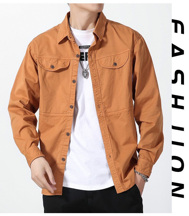 Men Slim Fit Turn-Down Collar Loose Cargo Shrit Spring Autumn Casual Wash Cotton Safari Style Jacket with Multiple Pockets Coat