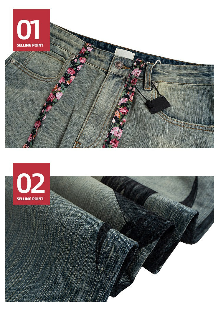 MIJKO New Retro Dragon Pattern Totem Print Bamboo Baggy Drawstring Washed Jeans For Men Women Denim Pants ZJ083