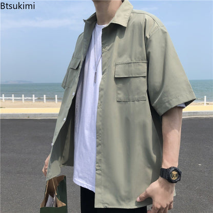 Summer Basic Shirts for Men 2025 New Half Sleeve Cargo Shirts Loose Casual Lapel Cardigan Tops Male Shirt Coats Retro Streetwear