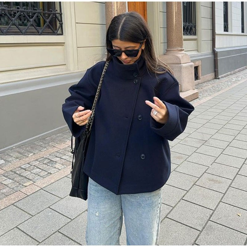 Elegant Stand Collar Woolen Jacket For Women Y2K Single Breasted Button Pockets Coat Lady 2025 Autumn Winter Street Chic Outwear