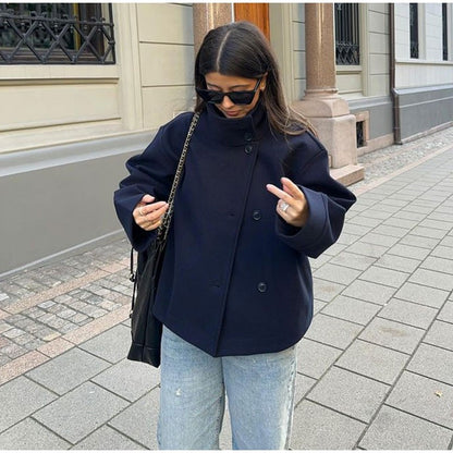 Elegant Stand Collar Woolen Jacket For Women Y2K Single Breasted Button Pockets Coat Lady 2025 Autumn Winter Street Chic Outwear