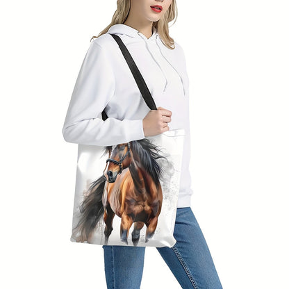 Dynamic Horse Print Tote Bag | 1pc | Linen | Large Capacity, Durable | Work, School, Shopping |40X40cm