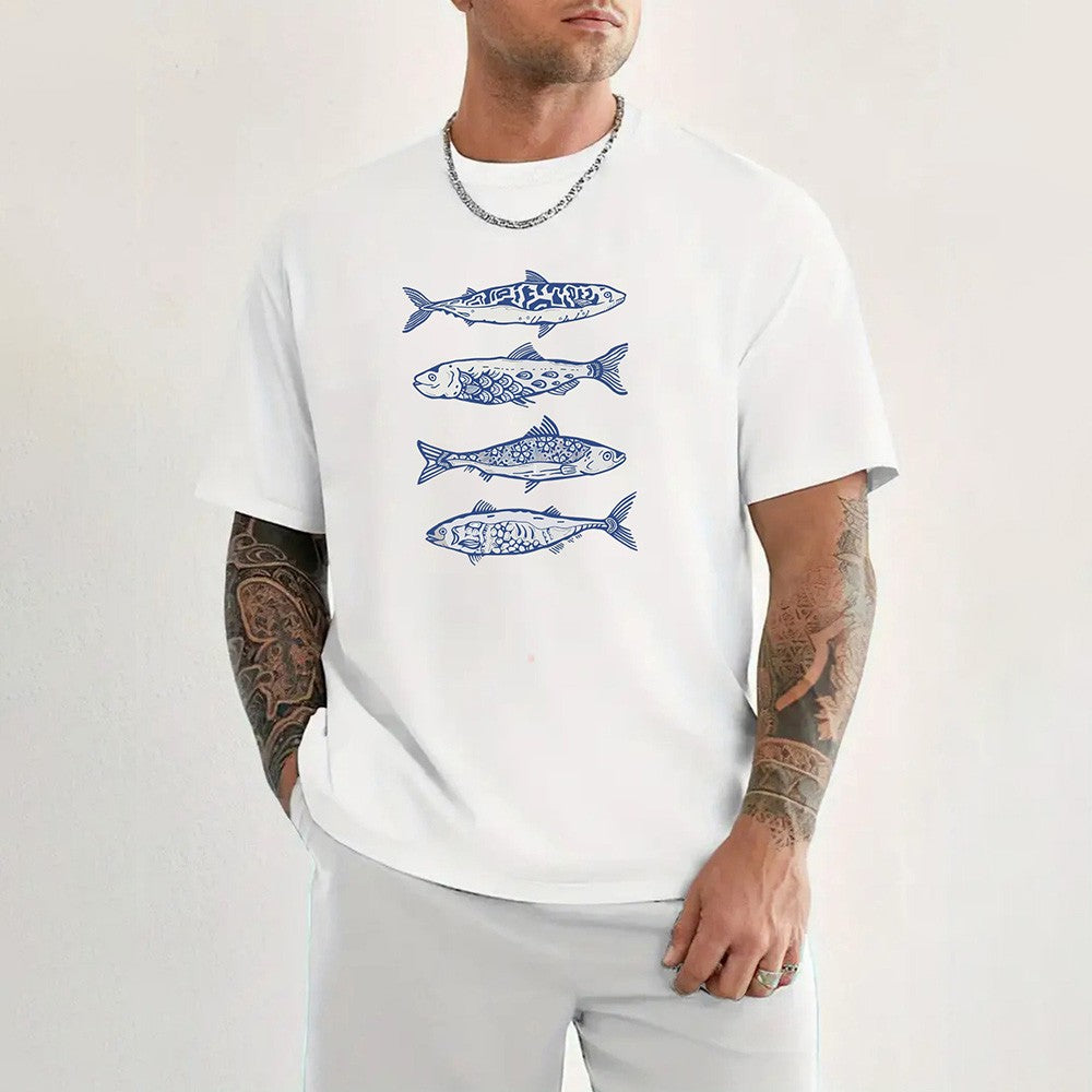 2025 Fish pattern print high quality 100% cotton t-shirt with round neck, summer trend short sleeves, street hip hop top.