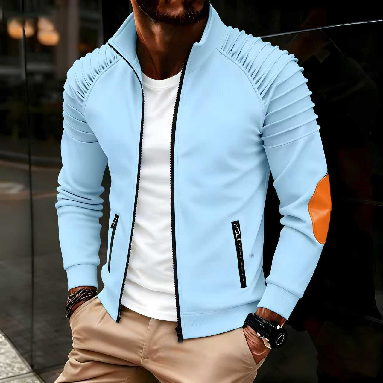 Men's jacket with zipper front, pleated sleeves, relaxed stand-up collar, long sleeves, suitable for autumn and winter tops