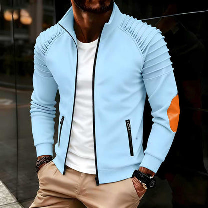 Men's jacket with zipper front, pleated sleeves, relaxed stand-up collar, long sleeves, suitable for autumn and winter tops