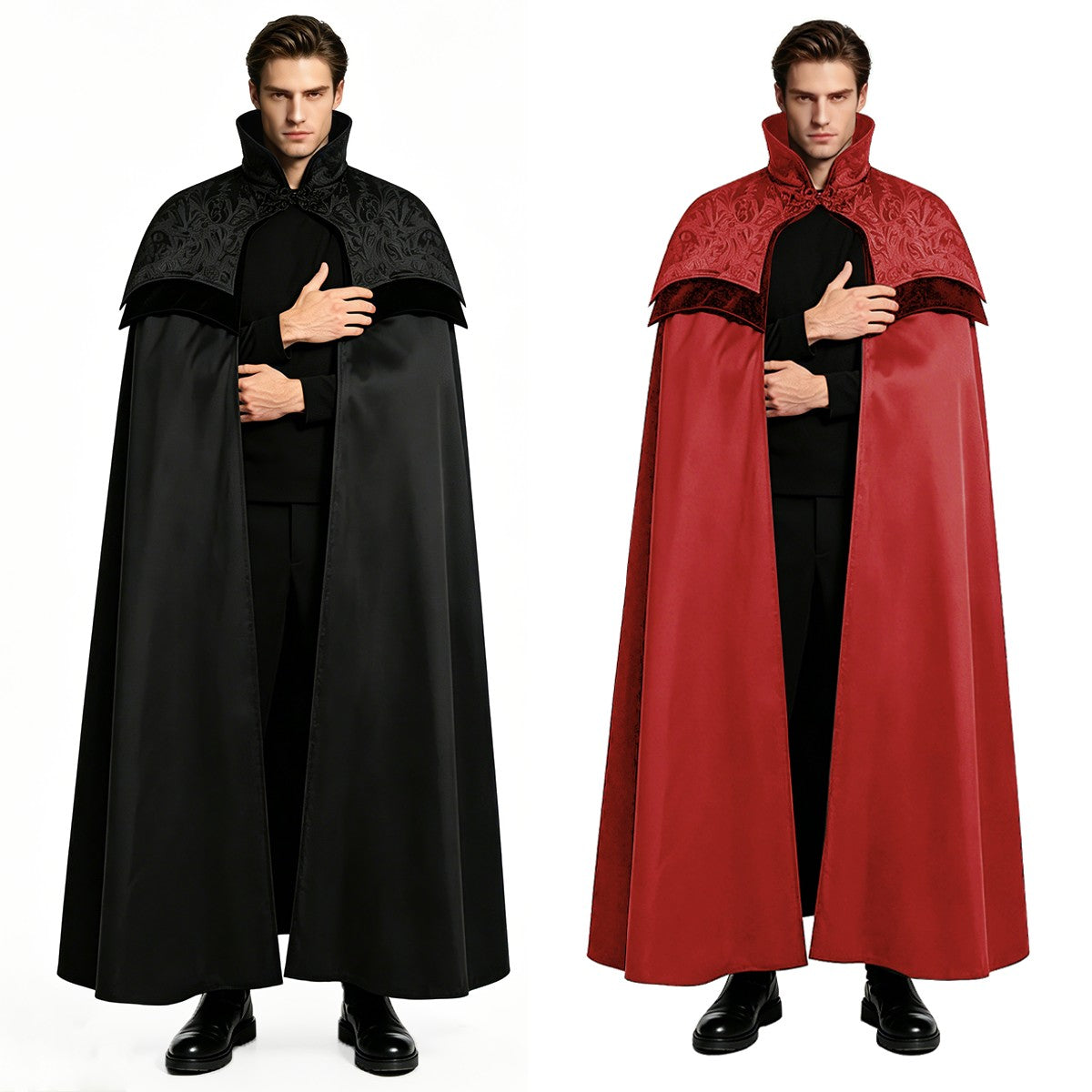 Men's Gothic Long Poncho Vampire Costume Halloween Cosplay Clothing Medieval Steampunk Stand Up Collar Black Wizard Costumes