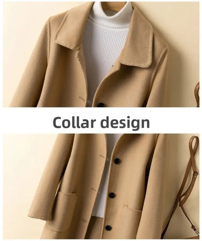 High-End Korean Style Double-Faced Cashmere Woolen Coat for Women Mid-Length Thickened Polyester Fiber Winter Outerwear