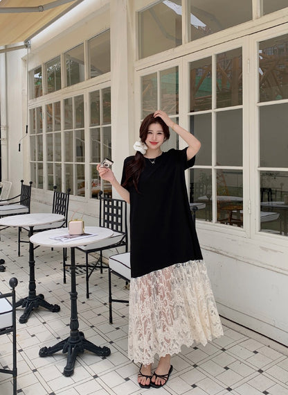 NYFS plus Size Women's Lave Patchwork Dress Summer 2025 Loose Long Dresses Robe Elbise Short Sleeve Korean Style Floral Hem