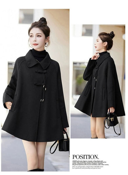 High Quality Woolen Coat Women 2025 Autumn Winter New Cloak Long Wool Jacket Chinese Retro Buckle Ladies Overwear Korean Outcoat