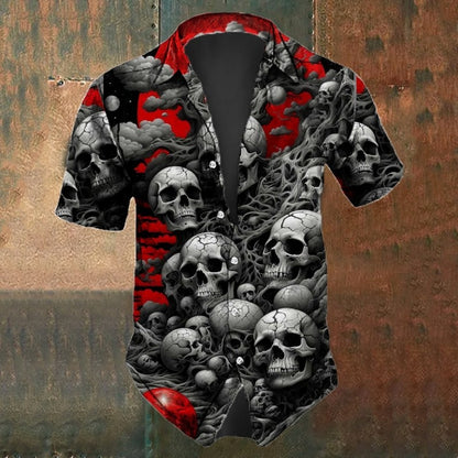 Retro Men's Shirts Small Skull Print Short Sleeve Loose Oversized Hawaiian Shirt Fashion Man Clothes Skull Black Shirts For Men