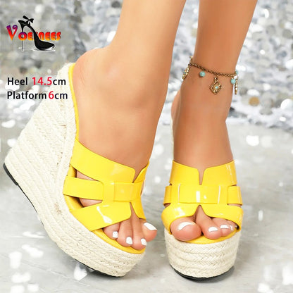Lady Super High Heels Rice Straw Weave Women Platform Shoes Outside Summer Thick Sole Casual Sandals 14.5CM Wedges Heel Slippers
