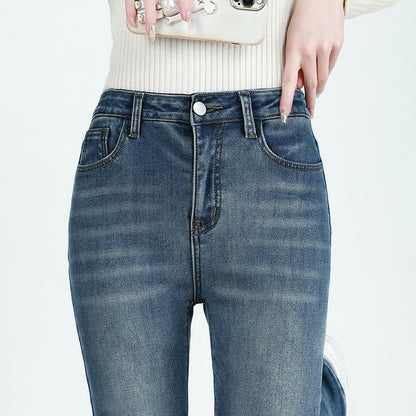 Winter Female Thin Snow Warm Plush Jeans Lady Chic Fleece Flared Pants Girls Korean High Waist Straight Leg Denim Trousers