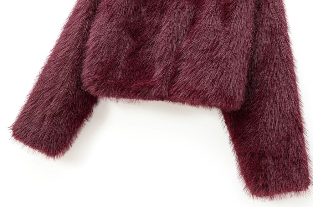 Women's Thick Warm Faux Fur Cropped Jacket, O Neck, Long Sleeve, Female Outerwear, Chic Tops, Fashion