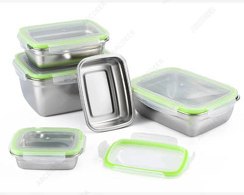 Organizadores de Alimentos de Cozinha em Aço Inoxidável com Tampas, Caixa de Armazenamento Refrigerada, Lancheiras Herméticas Anti-Vazamento