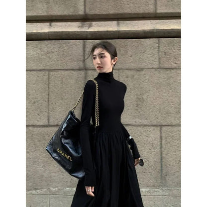 New French Style Temperament Women's High-Grade Black Dress Hepburn Style Gray Turtleneck Dress for Women Autumn Winter DF4964